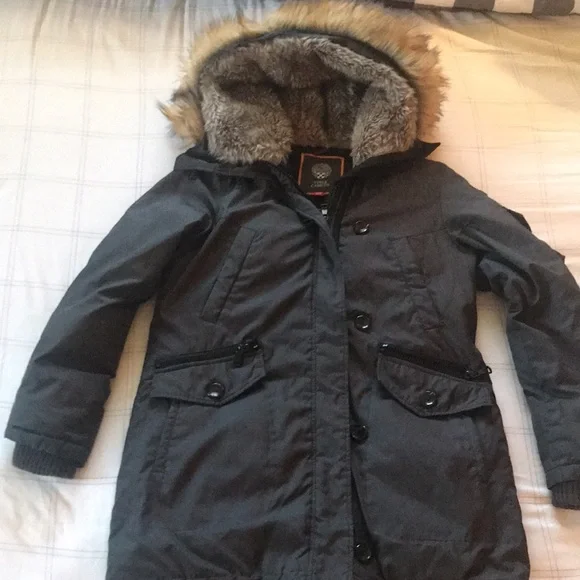 $175 VINCE CAMUTO Gray Faux Fur DOWN PARKA Hood Winter Warm Mid Length Jacket M - Picture 3 of 16
